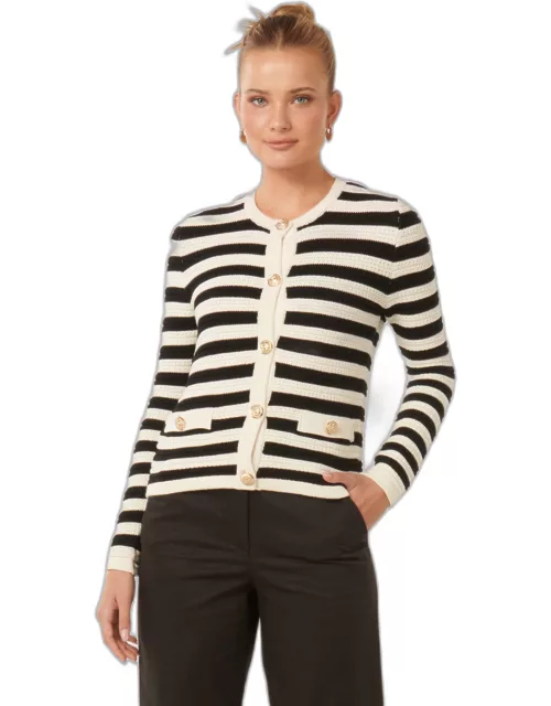 Forever New Women's Beri Striped Knit Cardigan Sweater in Porcelain/Black Stripe