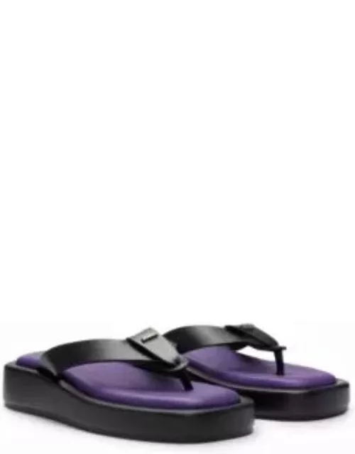 NAOMI x BOSS leather platform thong sandals with branded trim- Black Women's Sandal