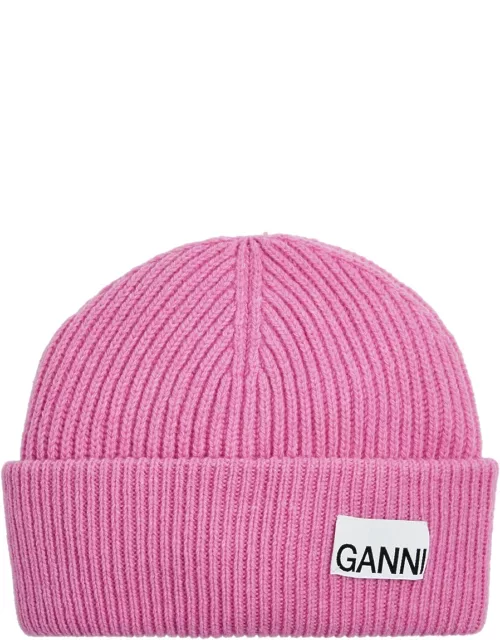 Ganni Fitted Ribbed Wool-blend Beanie - Pink
