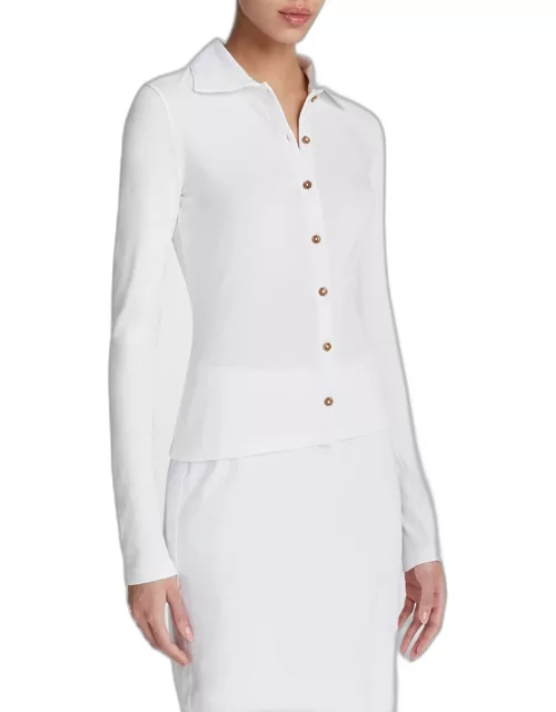 Long-Sleeve Collared Button-Front Top