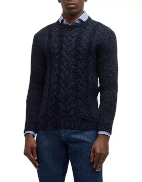Men's Silk-Cotton Cable Knit Crewneck Sweater