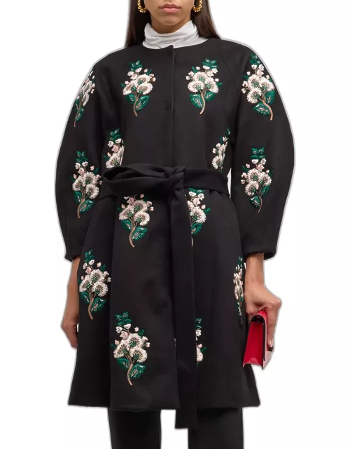 Floral Embroidered Cashmere Belted Collarless A-Line Coat