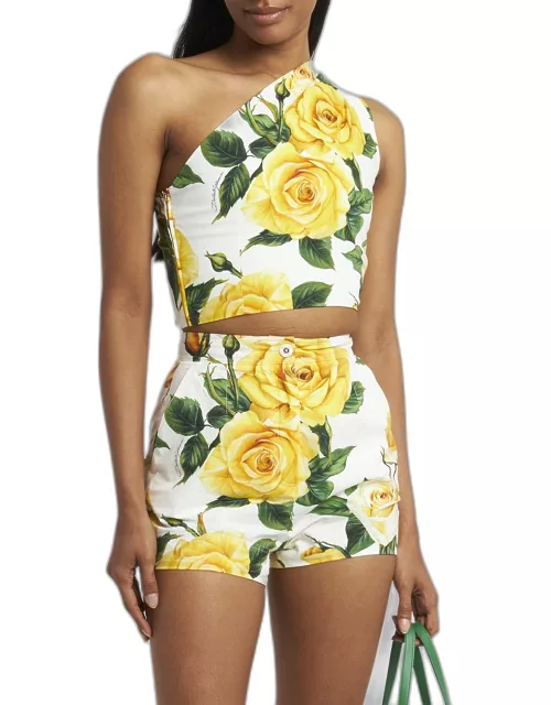 Yellow Rose Floral Print One-Shoulder Top