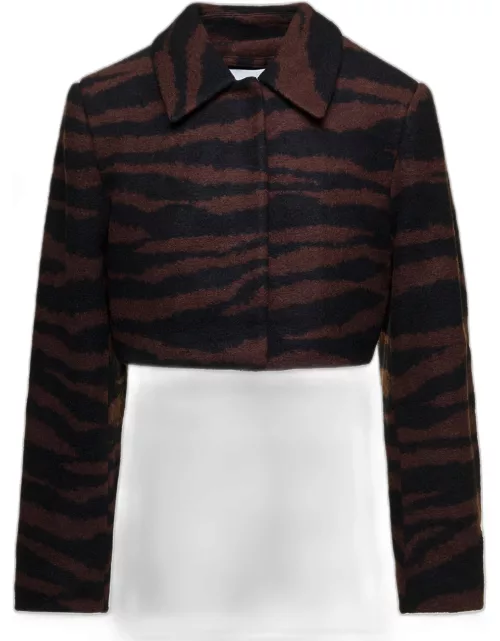 Ganni Brown Cropped Jacket With Zebra Motif In Wool Woman