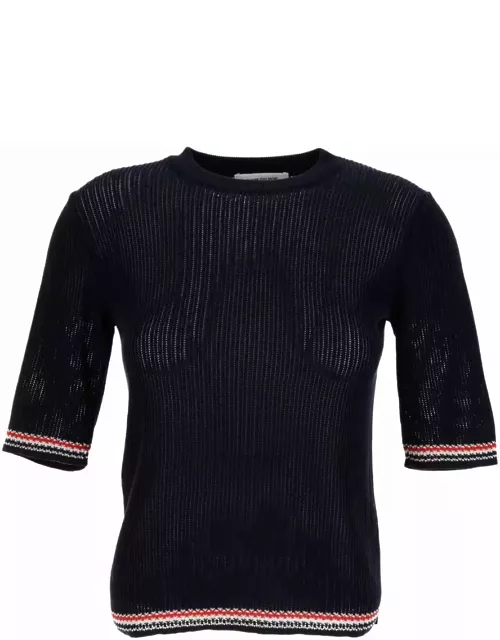 Thom Browne Blue Pointelle Knit Top With Rwb Stripe In Cotton Blend Woman