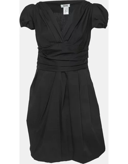 Moschino Cheap and Chic Black Pleated Cotton V-Neck Mini Dress