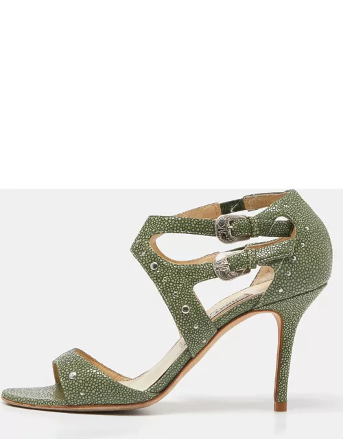 Jimmy Choo Green Textured Leather Ankle Strap Sandal