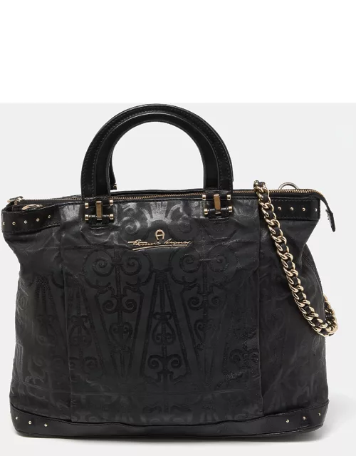Aigner Black Printed Leather Studded Top Zip Tote