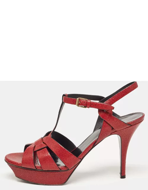 Saint Laurent Paris Red Textured Leather Tribute Platform Ankle Strap Sandal
