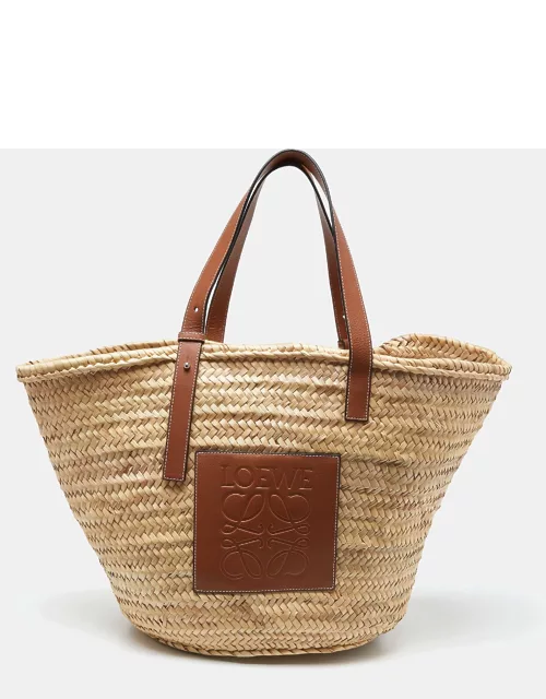 Loewe Vream/Brown Woven Raffia and Leather Large Basket Bag