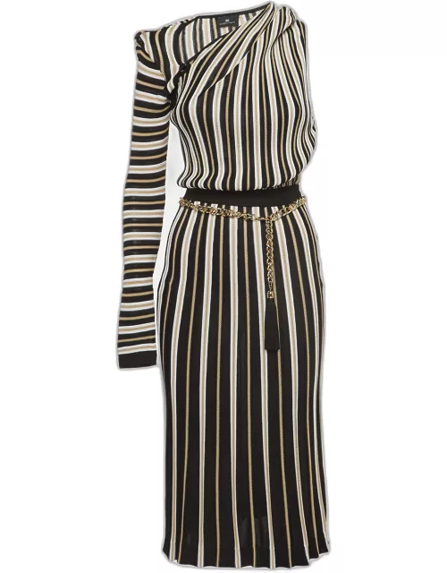 Elisabetta Franchi Black/Beige Knit One-Shoulder Midi Dress