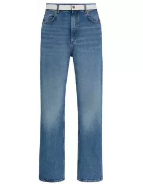 Mid-blue denim jeans with logo-tape waist- Blue Men's Jean