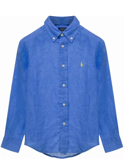 Ralph Lauren Blue Shirt With Logo Embroidery In Linen Man