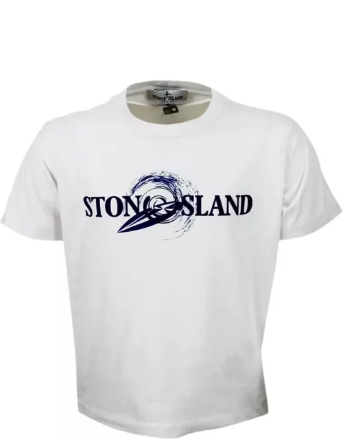Stone Island Crew-neck Short-sleeved Cotton T-shirt With Rubberized Logo On The Front