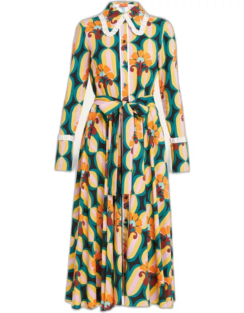 Printed Crepe Belted Maxi Shirt Dres