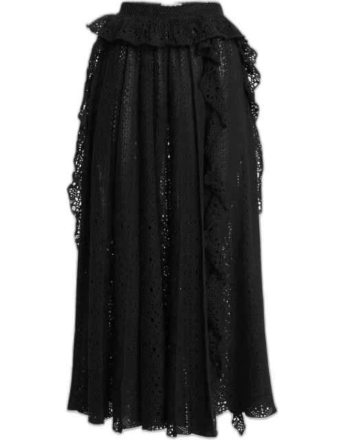 A-Line Broderie Anglaise Knit Skirt With Cascading Ruffle