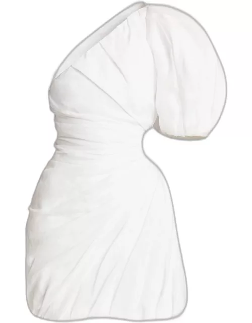 Asymmetric Draped Ramie Voile Mini Dress With Maxi Balloon Sleeve