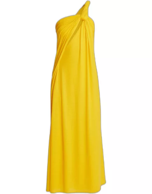Twisted One-Shoulder Cutout Maxi Wool Dres