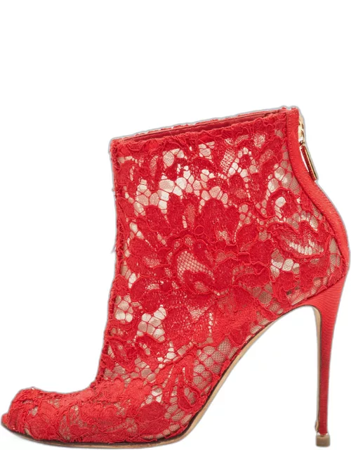 Dolce & Gabbana Red Lace and Mesh Peep Toe Ankle Boot