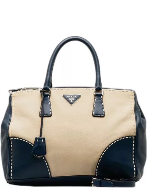 Prada Blue Leather and Canvas Double Zip Convertible Tote Bag