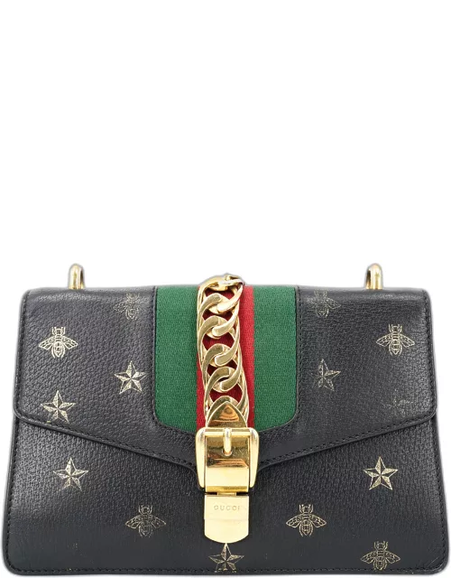 Gucci Black Leather Small Sylvie Bee Star Shoulder Bag