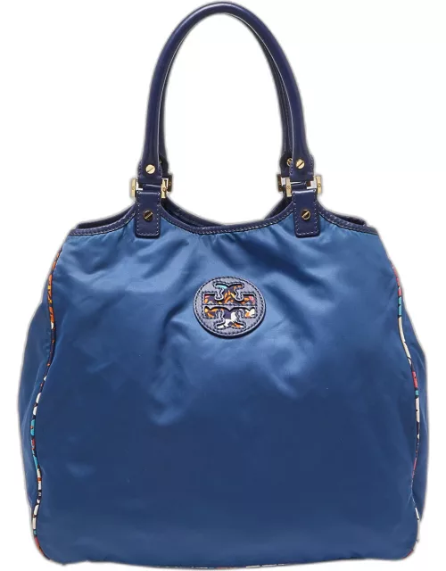 Tory Burch Multicolor/Blue Floral Printed Nylon and Leather Reversible Tote