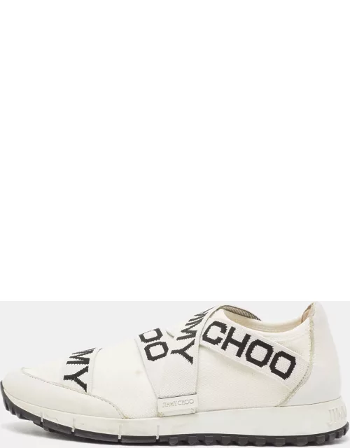 Jimmy Choo White Stretch Fabric and Leather Strips Slip On Sneaker
