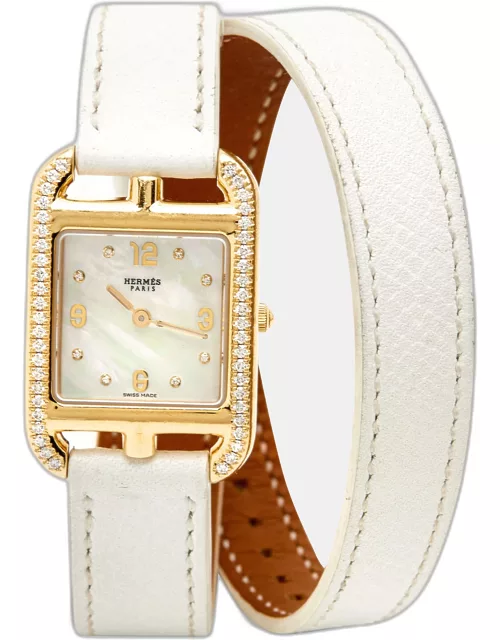 Hermes Mother Of Pearl Diamond 18K Yellow Gold Leather Cape Cod CC1.286 Women's Wristwatch 23 m