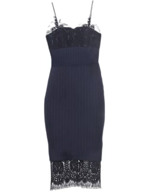 Victoria Beckham Navy Blue Pinstriped Wool Lace-Trimmed Midi Dress