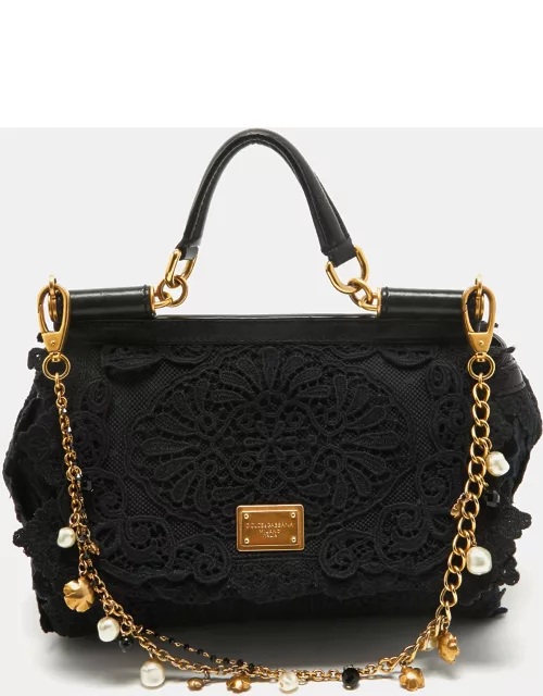 Dolce & Gabbana Black Crochet and Leather Medium Miss Sicily Top Handle Bag