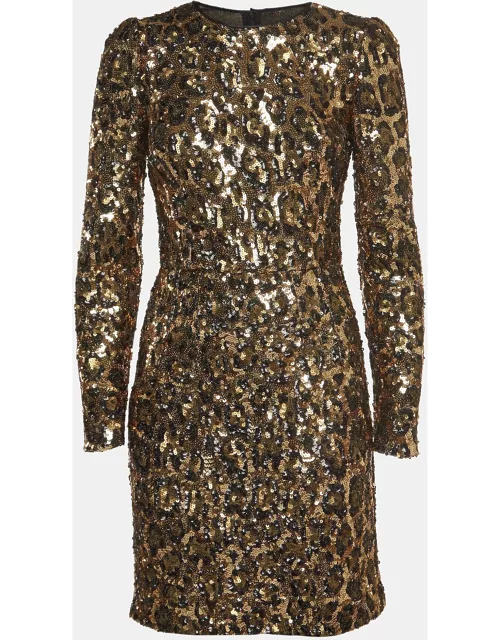 Dolce & Gabbana Gold/Black Leopard Sequined Mini Dress