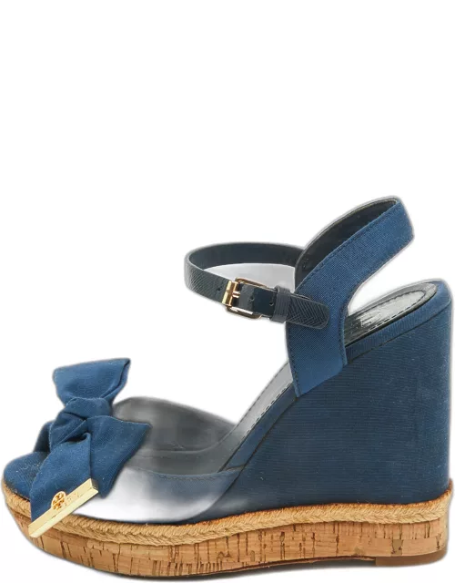 Tory Burch Navy Blue Fabric Bow Wedge Ankle Strap Sandal