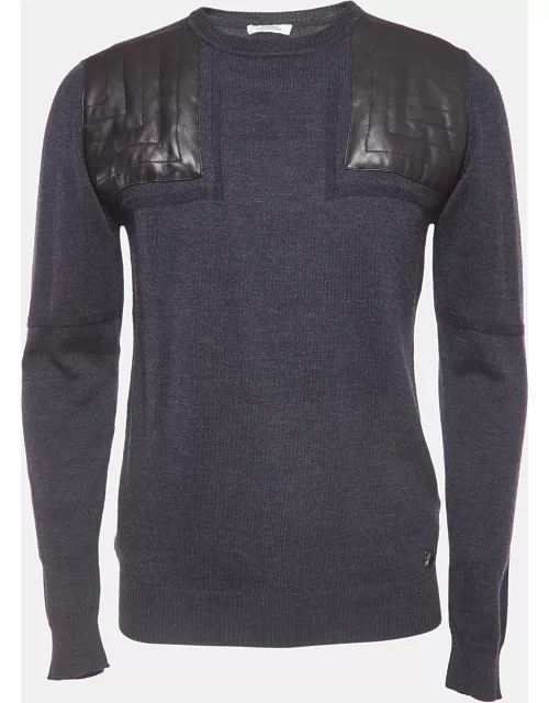 Versace Collection Navy Blue Wool Leather Trimmed Jumper