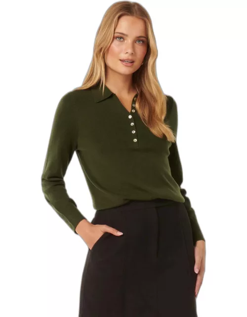Forever New Women's Olive Button-Through Polo Shirt Jumper in Khaki