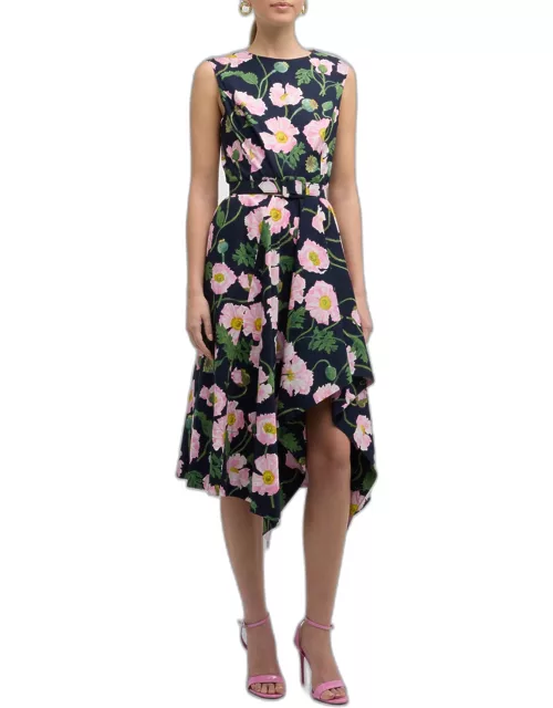 Painted Poppies Sleeveless Belted Poplin Dres