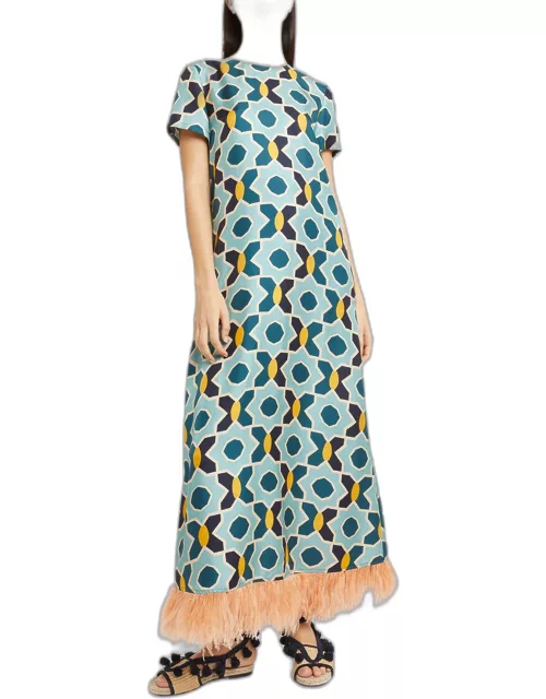 Abstract-Print Short-Sleeve Feather-Trim Maxi Swing Dres