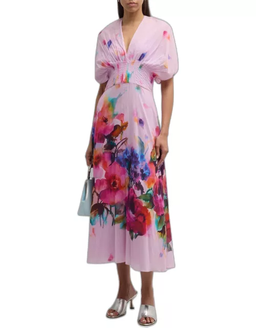 Isabel Watercolor Floral-Print Short-Sleeve Pleated-Waist Midi Dres