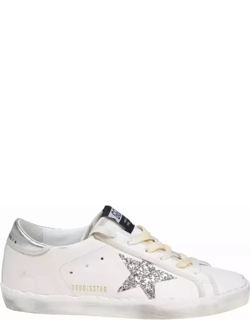 Golden Goose Super-star Leather Sneakers With Silver Glitter Star