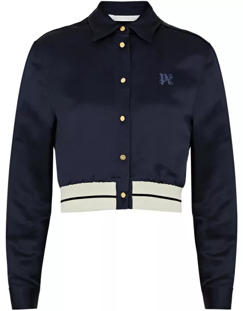 Palm Angels Logo-embroidered Cropped Satin Shirt - Navy - 38 (UK6 / XS)